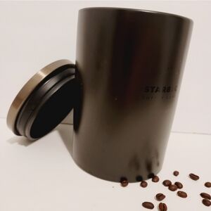 STARBUCKS Tall Ceramic Ground Coffee Canister Copper Metal Lid 16 Oz Matte Black